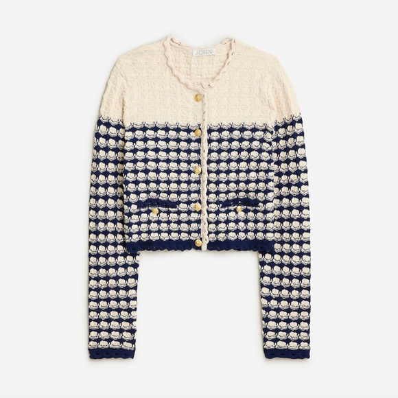 J. Crew Textured Crochet Lady Jacket, Navy Cream, Size Large - Picture 10 of 11